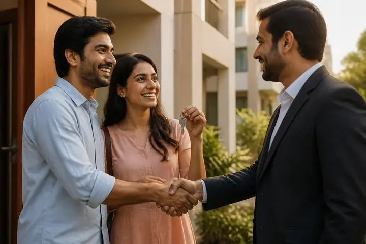 buyer meaning picture: A young couple shaking hands with a property dealer while holding house keys outside a new flat.