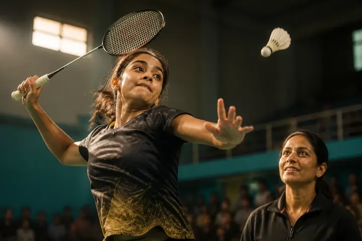 caliber meaning picture: A young badminton champion leaping to smash a shuttlecock in an indoor stadium while her coach watches admiringly