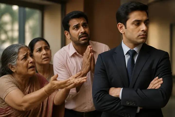 callous meaning picture: An unmoved businessman looking away while people plead with him, arms crossed, no expression of concern