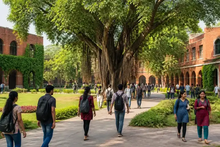 campus meaning picture: A green Indian university campus with students walking between red-brick buildings and a large banyan tree