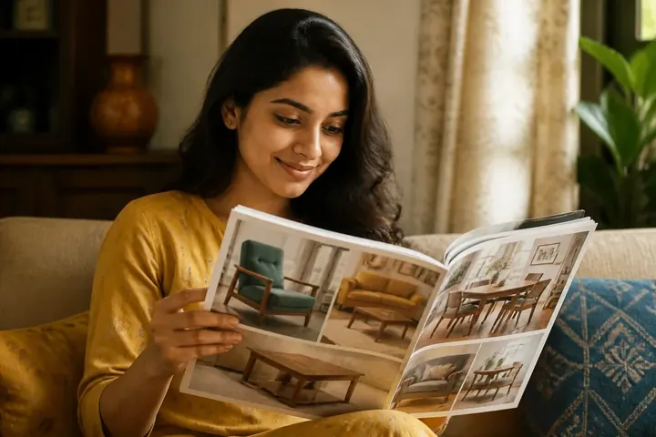 catalog meaning picture: A young woman sitting on a sofa flipping through a colourful furniture catalog with photos of chairs and tables