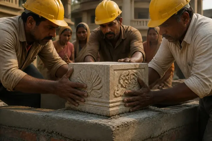 cornerstone meaning picture: Workers in helmets setting a large carved stone at the corner of a new building's foundation