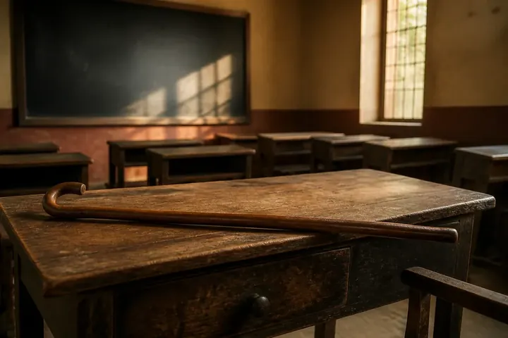corporal meaning picture: An empty old-style classroom with a wooden cane lying on the teacher's desk, recalling punishments of the past