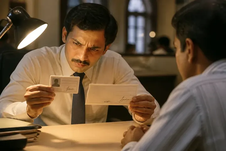 correspond meaning picture: A bank clerk comparing a signature on a cheque with the one on a customer's ID card under a lamp