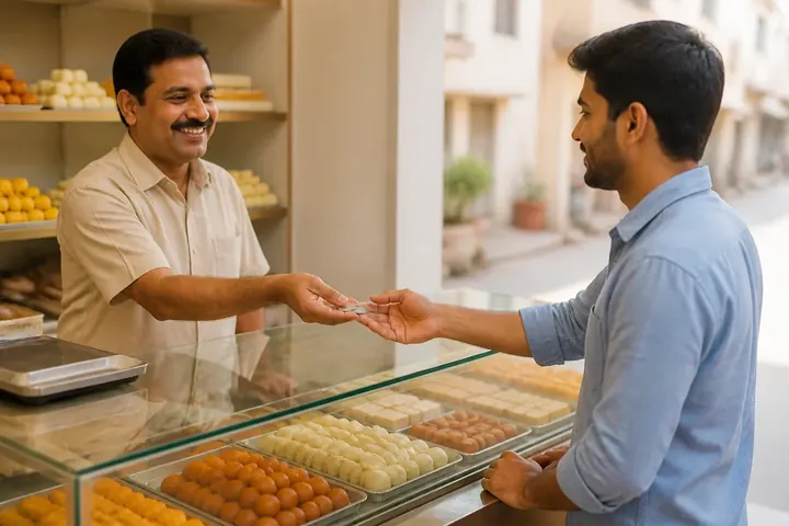 counter meaning picture: A smiling cashier handing change to a customer across the glass counter of an Indian sweet shop.