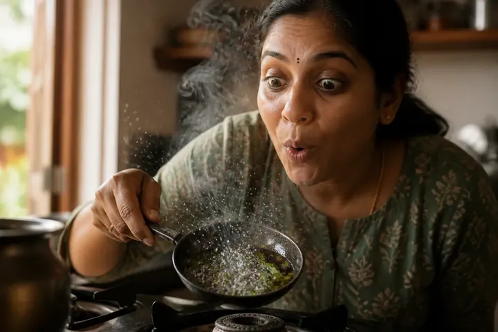 crackle meaning picture: Mustard seeds and curry leaves popping in hot oil in a small pan on an Indian stove