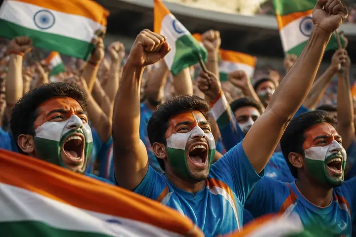 crazy meaning picture: Cheering cricket fans with painted faces jumping and waving flags in a stadium.
