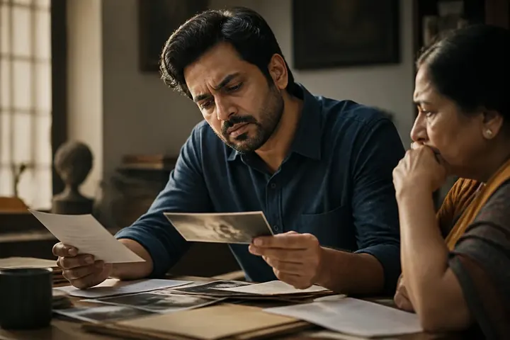 credence meaning picture: Journalist examining documents and photographs spread on a desk, nodding slowly while cross-checking a source's story