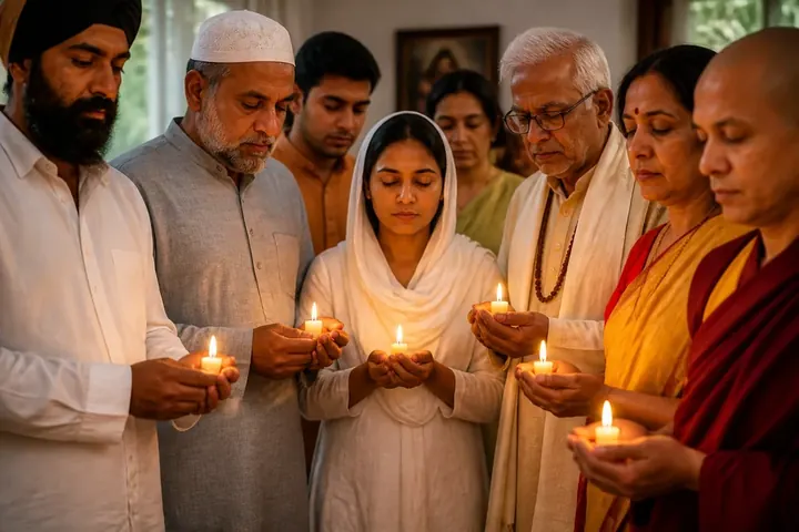 creed meaning picture: People of different faiths standing together at an interfaith prayer meeting, each holding a lit candle