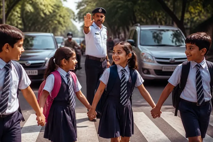 cross meaning picture: Schoolchildren holding hands on a zebra crossing while a traffic police officer signals cars to stop.