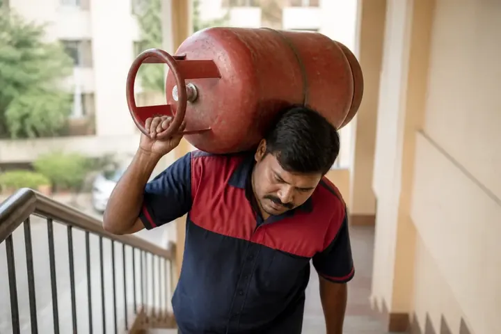 cylinder meaning picture: A delivery man carrying a red LPG gas cylinder on his shoulder up the stairs of an apartment block.