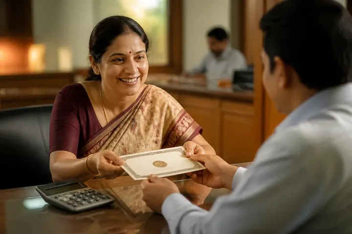 debenture meaning picture: An investor at a bank desk receiving an official-looking certificate, a calculator beside her.