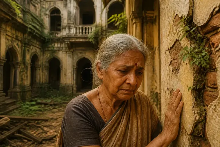 decay meaning picture: An old crumbling haveli with peeling paint and plants growing through the cracks.