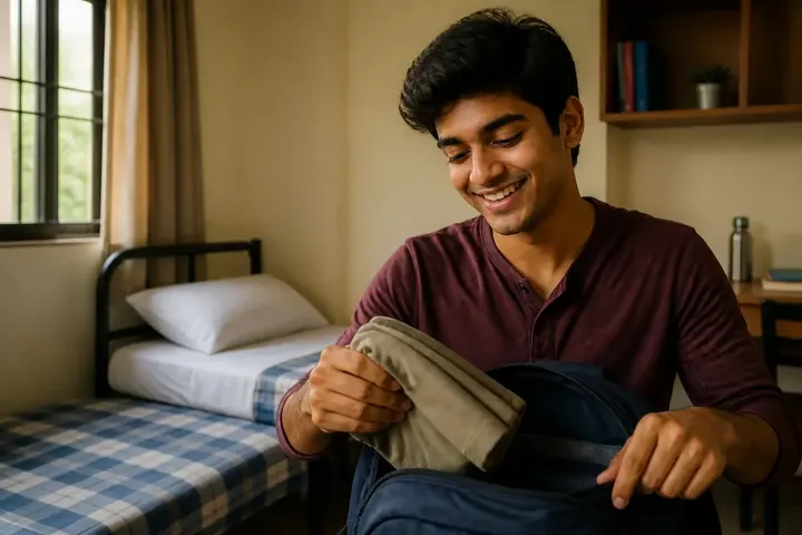 decent meaning picture: A clean, simple hostel room with a neatly made bed and a smiling student unpacking.