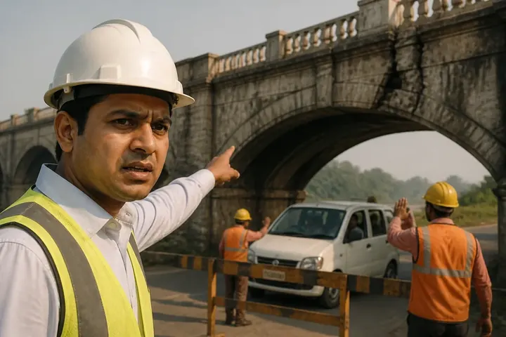 deem meaning picture: An engineer in a hard hat pointing at a cracked old bridge, workers stopping traffic.