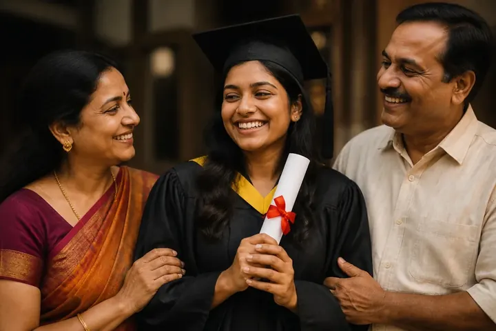 degree meaning picture: A proud young Indian woman in a graduation gown holding her rolled certificate while her parents smile