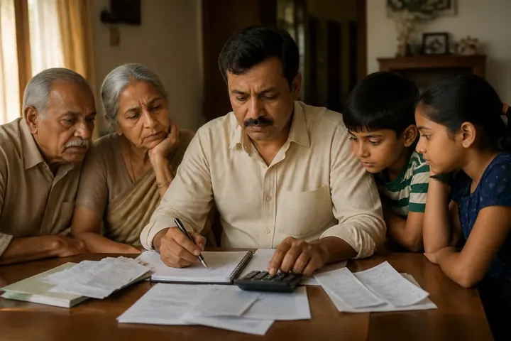 dependant meaning picture: A middle-aged Indian man at a dining table with his elderly parents and two children, bills and a notebook in front of h