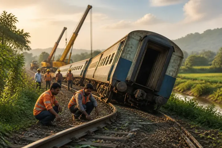derail meaning picture: Railway workers inspecting a train carriage tilted off the tracks in a green countryside, cranes arriving
