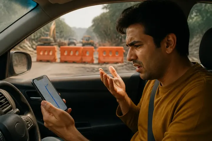 deviation meaning picture: A car on a diversion route with orange barriers blocking the main highway, driver checking a phone map
