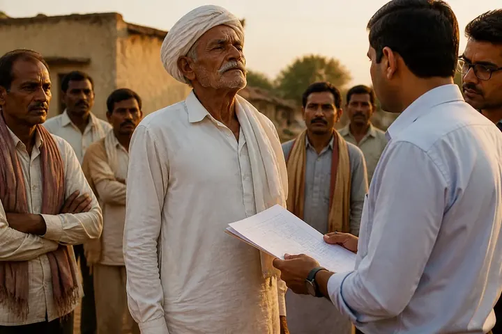 dignity meaning picture: A dusty village square in India: an elderly farmer in a white dhoti and turban stands straight-backed and calm, chin lif