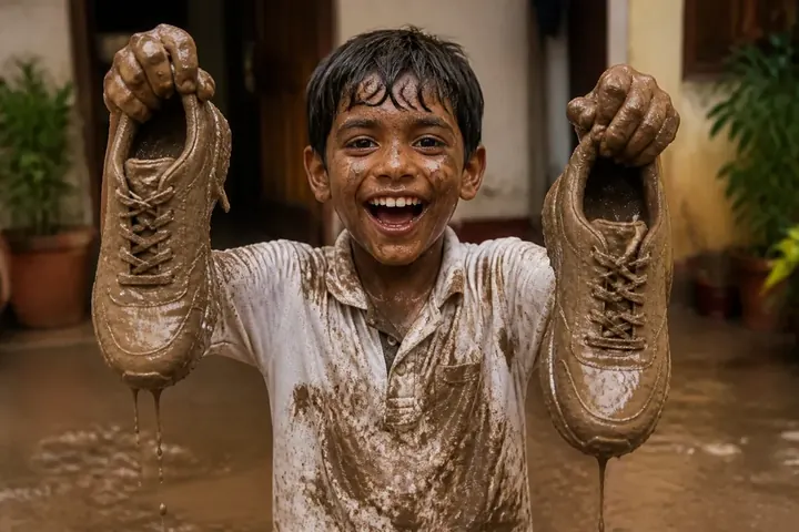 dirty meaning picture: A boy after playing cricket in the rain holding up his muddy shoes, his clothes splashed with mud.