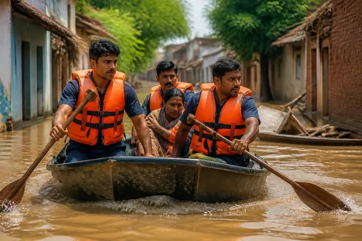 disaster meaning picture: Rescue workers in orange life jackets rowing a boat through a flooded village street.