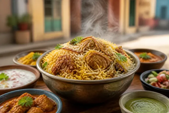 dish meaning picture: A steaming bowl of biryani on a table surrounded by several other colourful Indian dishes.