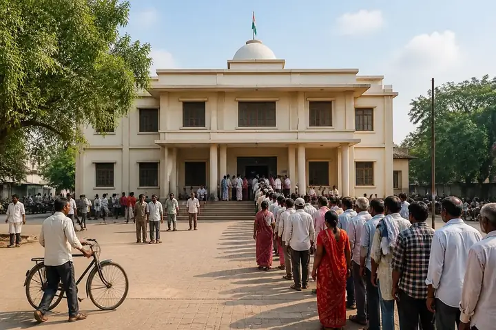 district meaning picture: A busy Indian district headquarters town square with a government office building and people queuing outside
