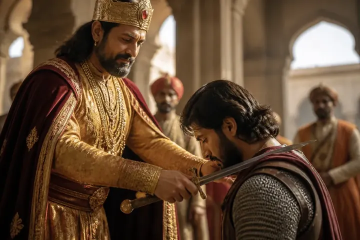 dub meaning picture: A king gently touching a kneeling knight's shoulder with a sword in a grand stone hall