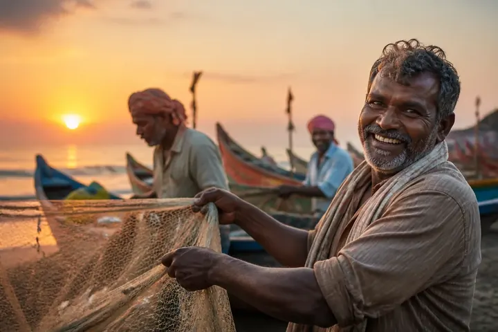 eastern meaning picture: Fishing boats on a beach on India's eastern coast at sunrise