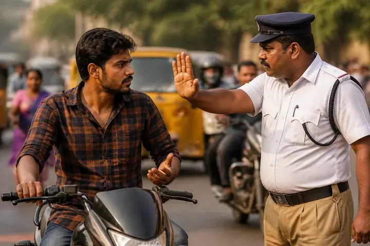 enforce meaning picture: An Indian traffic police officer stopping a motorcyclist without a helmet at a busy junction