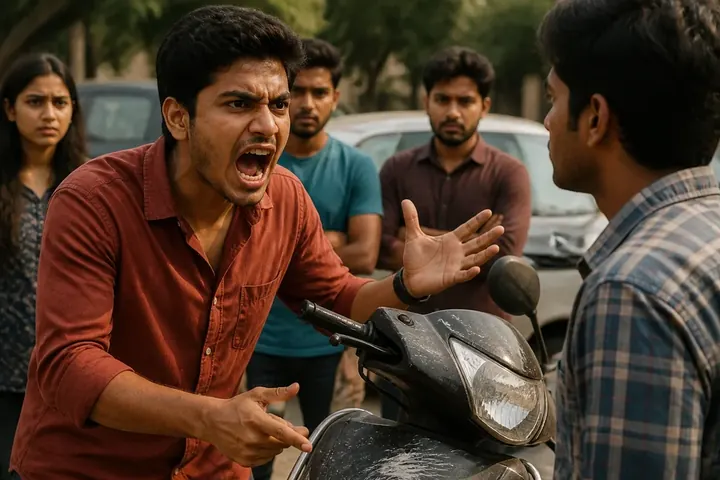 enrage meaning picture: An angry young man shouting beside a scratched scooter in a parking lot, onlookers watching