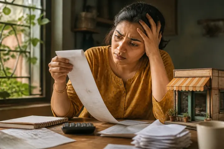 entail meaning picture: A person looking at a long checklist of paperwork and costs while planning to open a small shop