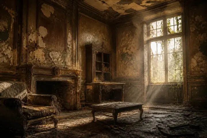 entropy meaning picture: Abandoned old mansion room with peeling paint, dust and cobwebs, sunlight streaming through a broken window