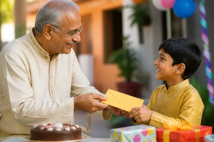 envelope meaning picture: A grandfather handing a small envelope with a gift to his smiling grandchild at a birthday celebration