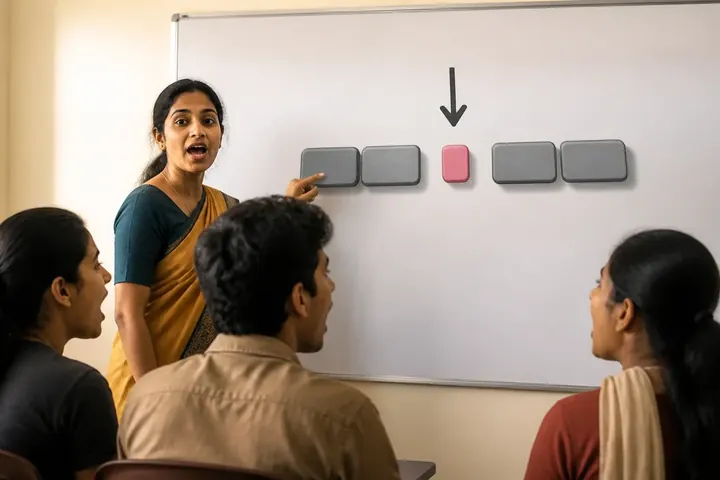 epenthesis meaning picture: A young Indian English teacher at a whiteboard in a classroom showing an arrow pointing into the middle of a word shape