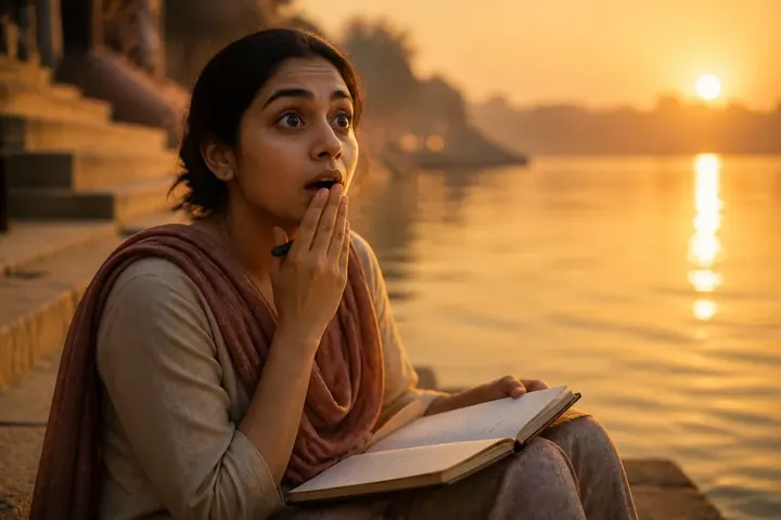 epiphany meaning picture: A young Indian woman sitting on a riverside step at dawn with wide eyes and her hand lifted to her lips in sudden realis