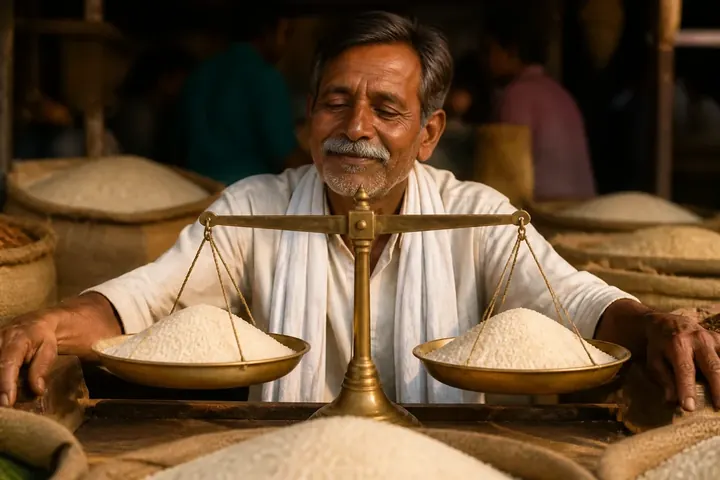 equilibrium meaning picture: An old brass weighing scale at a market stall, both pans perfectly level with equal heaps of rice