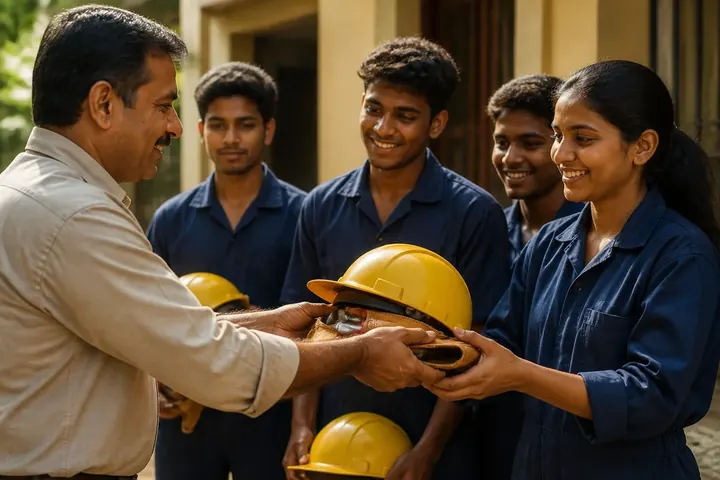 equip meaning picture: A trainer handing tool belts and safety helmets to young workers before their first day on a construction site