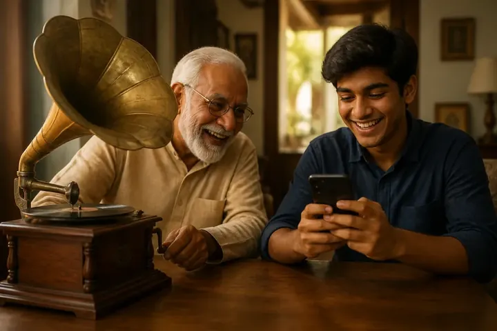 era meaning picture: An old gramophone and a modern smartphone placed side by side on a wooden table, showing two eras.