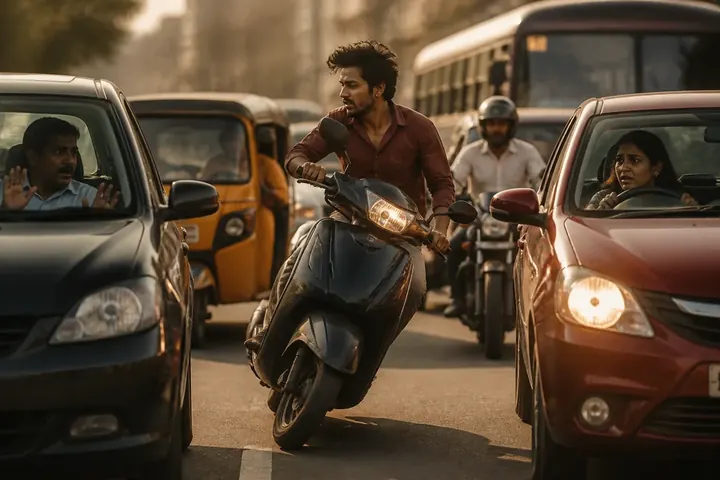 erratic meaning picture: A scooter weaving unpredictably across a busy road while other drivers brake and look worried; Indian city street, no te