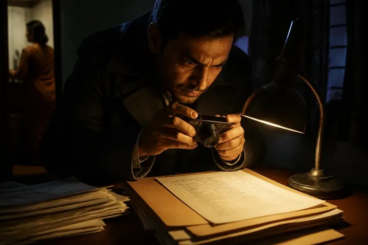 espionage meaning picture: A person in a dark coat secretly photographing documents with a small camera under a desk lamp at night