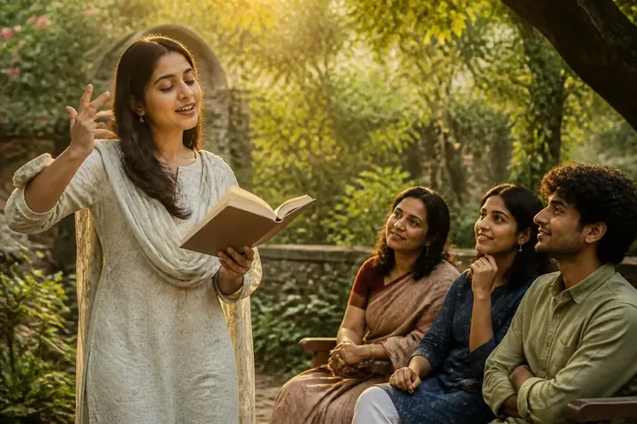 euphony meaning picture: A young woman reading poetry aloud from a book in an Indian garden, with a soft smile and a hand gesture like conducting