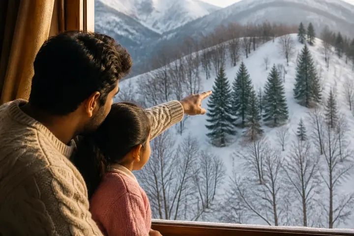 evergreen meaning picture: Snowy hills with dark green pine trees standing out among bare, leafless trees