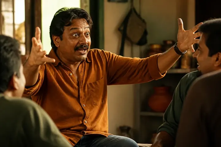 exaggerate meaning picture: A man telling friends a fishing story with his hands stretched wide apart showing an exaggerated fish size