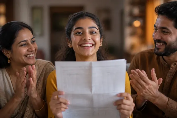 excellent meaning picture: A beaming student holding up a report card full of top grades, parents clapping.