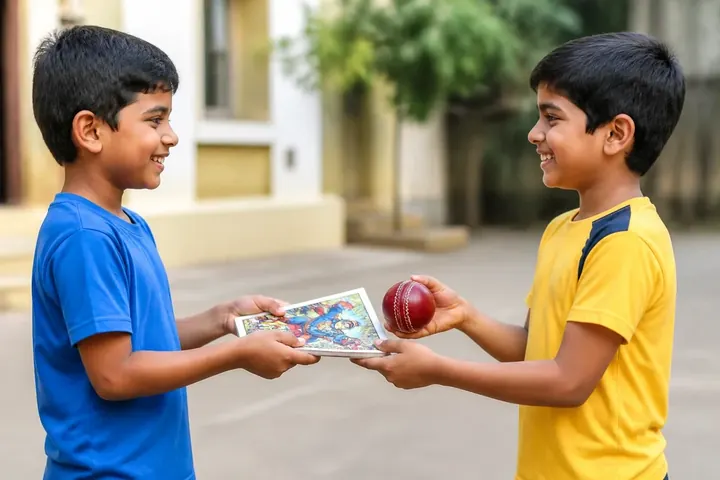 exchange meaning picture: Two children swapping a cricket ball and a comic book with big smiles on a school playground.