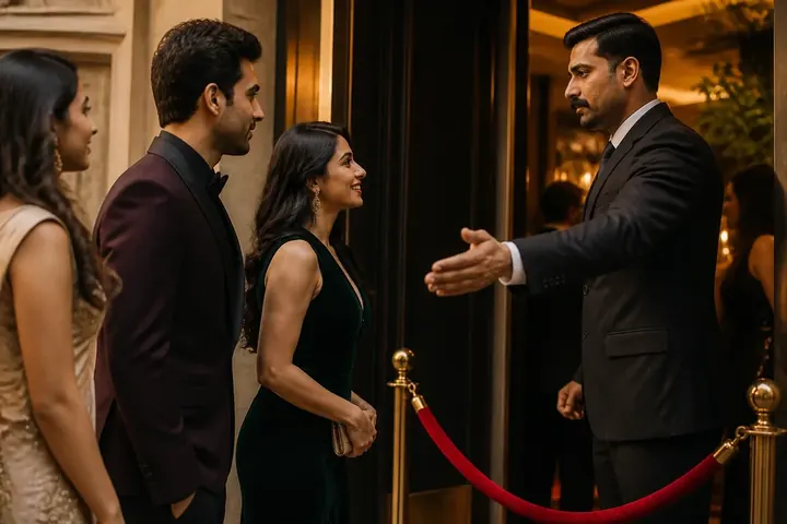 exclusive meaning picture: A velvet rope and doorman letting only a few well-dressed guests into a private club entrance