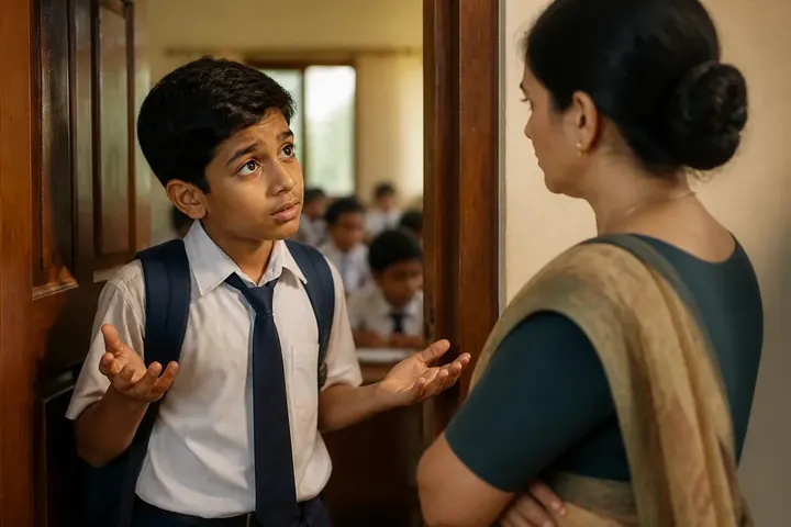 excuse meaning picture: A schoolboy at a classroom door, hands spread, explaining to a stern teacher why he is late