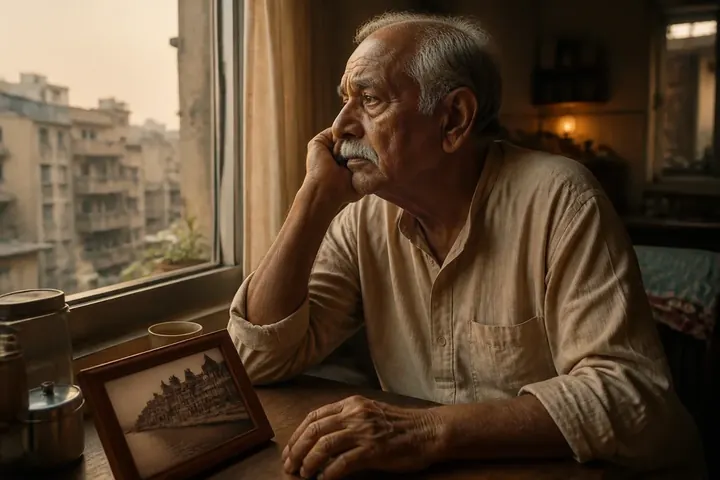 exile meaning picture: An elderly man looking wistfully out of a small foreign apartment window, an old photo of his homeland on the desk